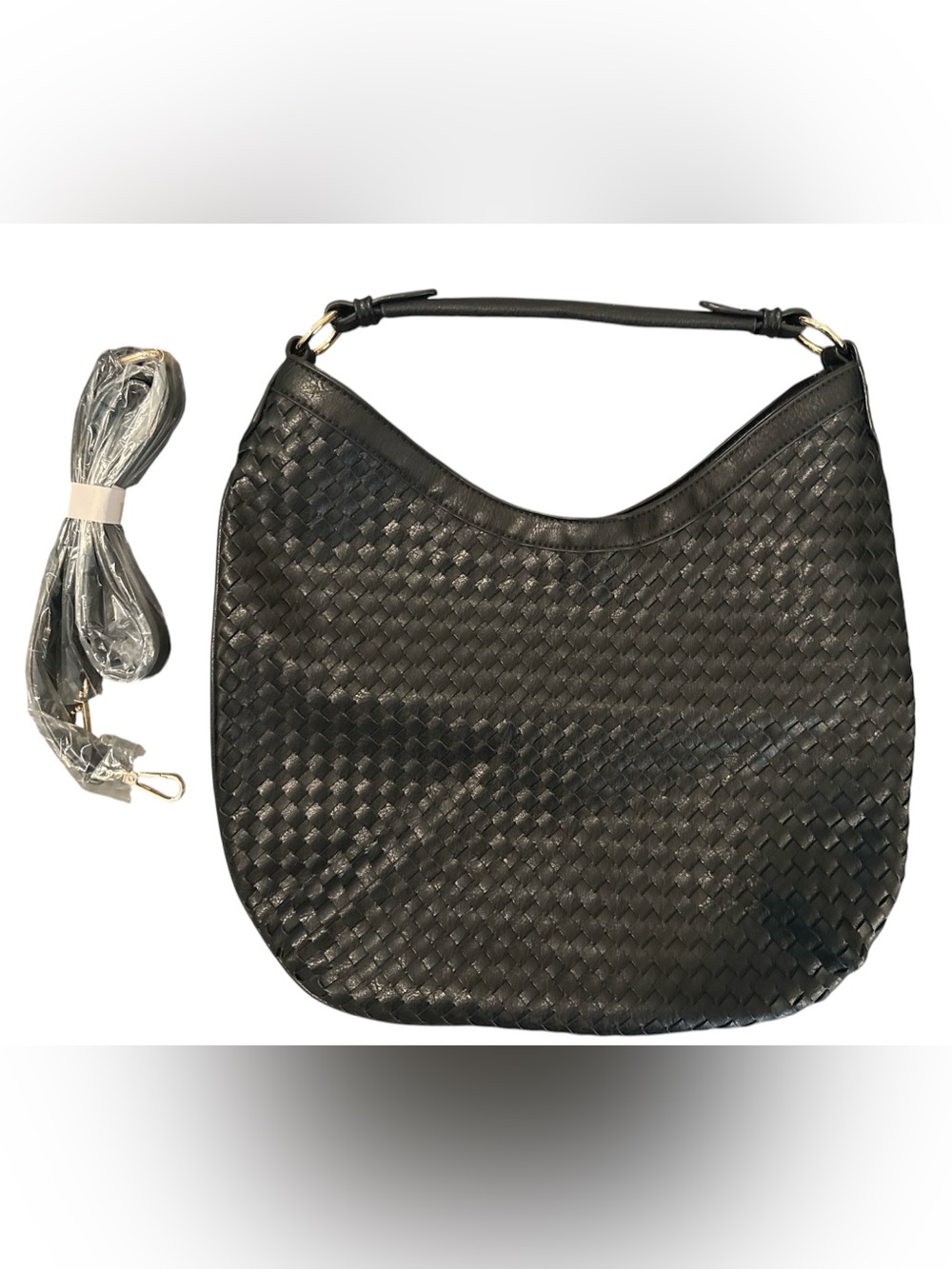 Women’s Black Woven Faux Leather Shoulder Bag with Crossbody Strap - NWOT
